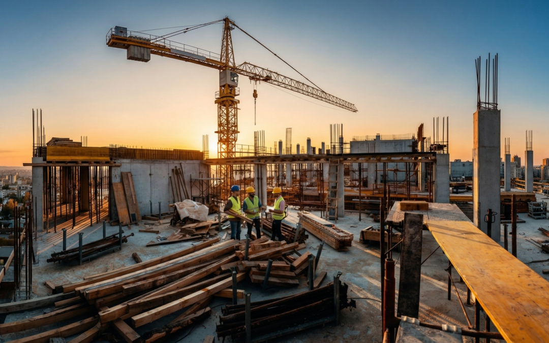 Commercial construction cost per square foot 2026 large construction site with cranes and workers at sunset