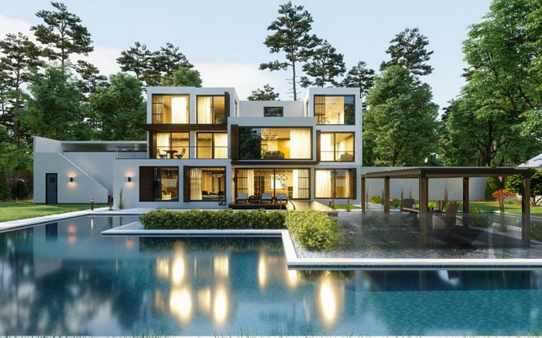 Cost to build a house 2026 modern luxury custom home with swimming pool and large windows surrounded by trees