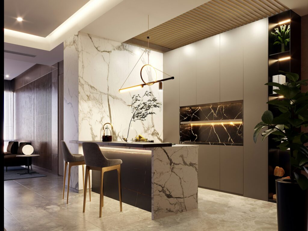 Luxury kitchen design trends 2026 modern high-end kitchen with marble island pendant lighting and custom cabinetry